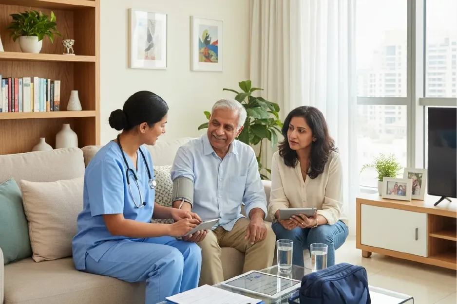 Nurse discussing home care with an older man and a family member