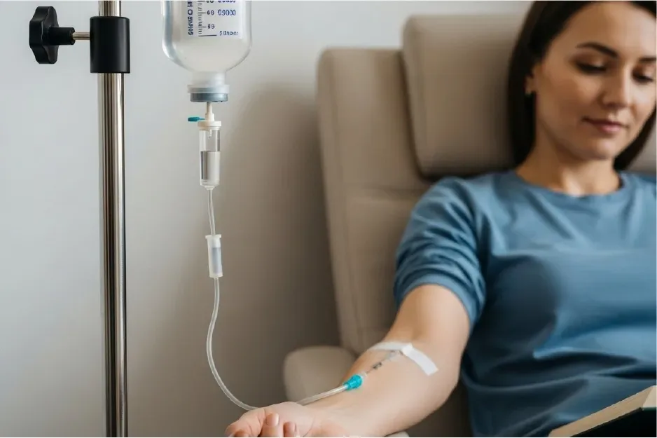 Woman receiving an intravenous infusion at home