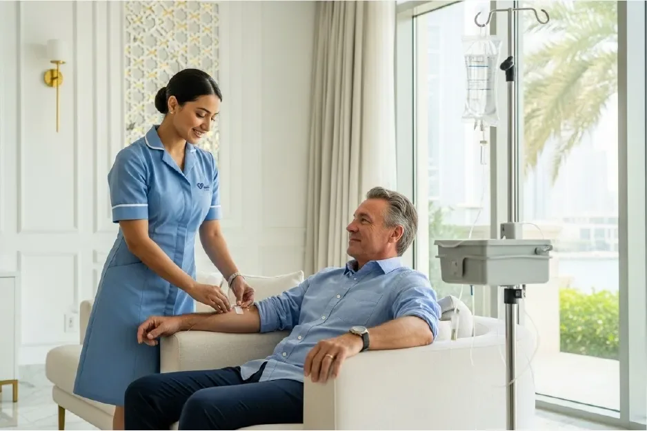 Nurse checking a man receiving intravenous therapy at home